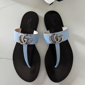 Gucci Blue Flat Marmont Leather Thong Sandals NEW 38